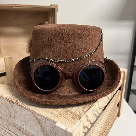 NWT Steampunk Top Hat Brown Suede With Goggles & Feathers Halloween Costume - Picture 1 of 8